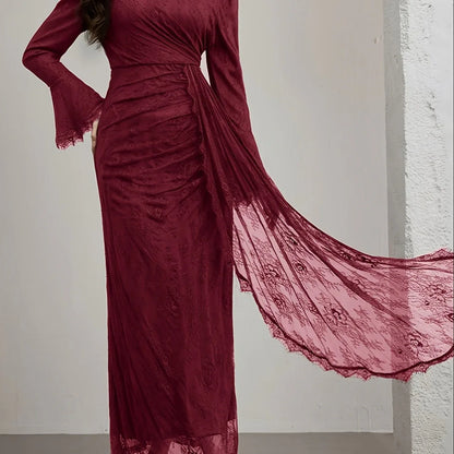 TEMU-Elegant Long-Sleeve Lace Dress with Ruffle Neckline - alotasawkli