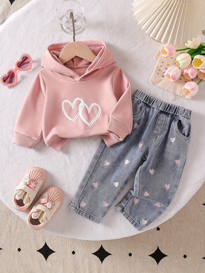 TEMU-2pcs Girls' Love Set: Pink Hooded Sweatshirt - alotasawkli