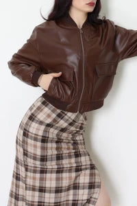 Women's Faux Leather Bomber Jacket – Sleek Navy Blue