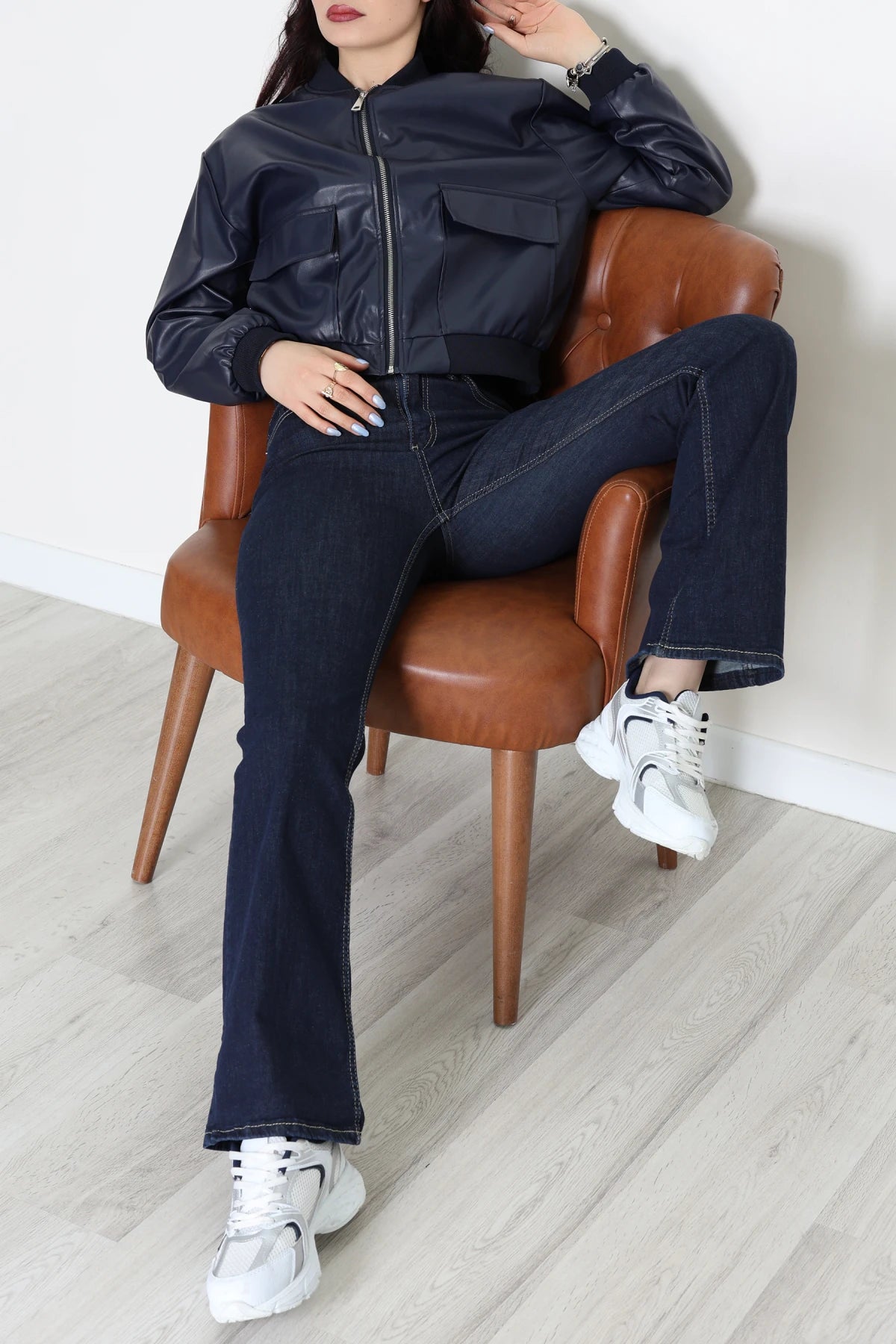 Women's Faux Leather Bomber Jacket – Sleek Navy Blue