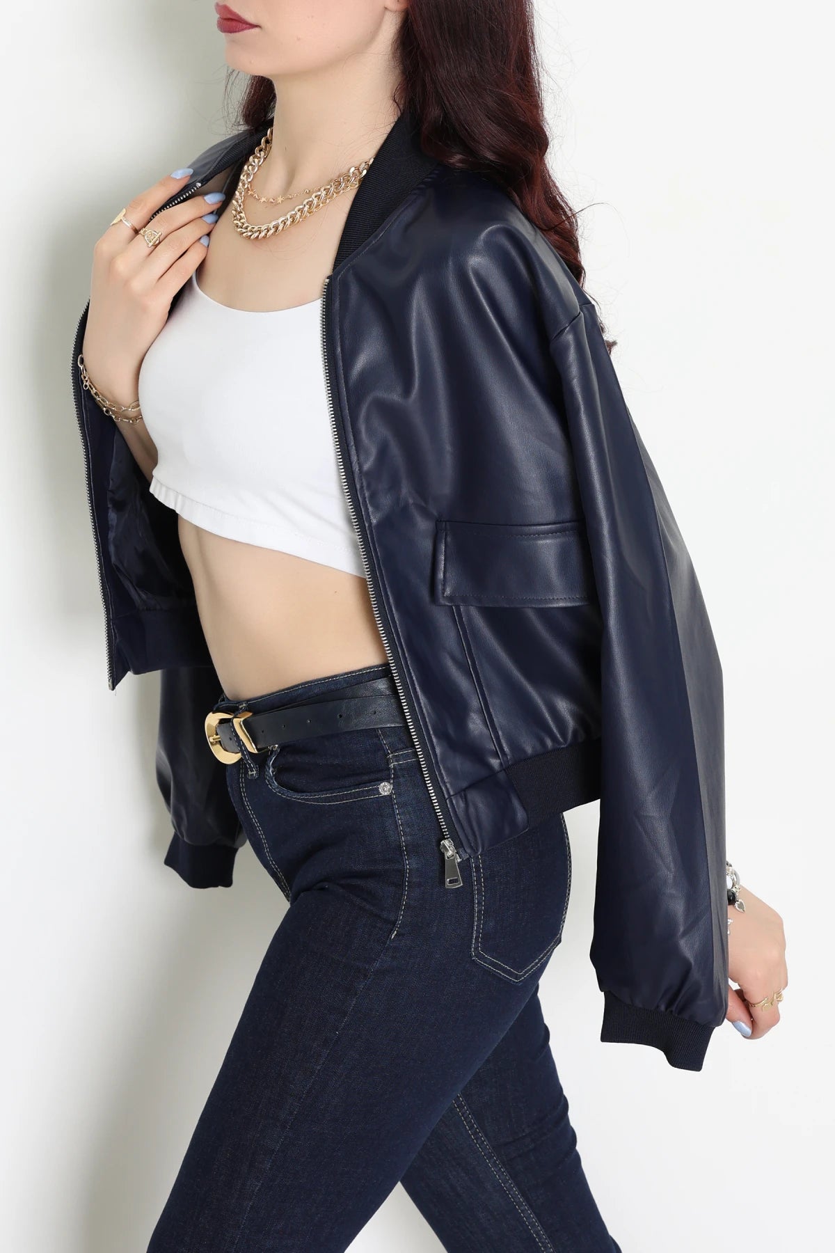 Women's Faux Leather Bomber Jacket – Sleek Navy Blue