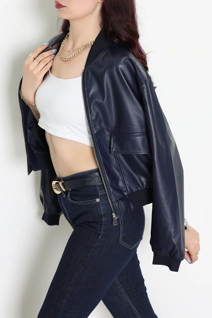 Women's Faux Leather Bomber Jacket – Sleek Navy Blue