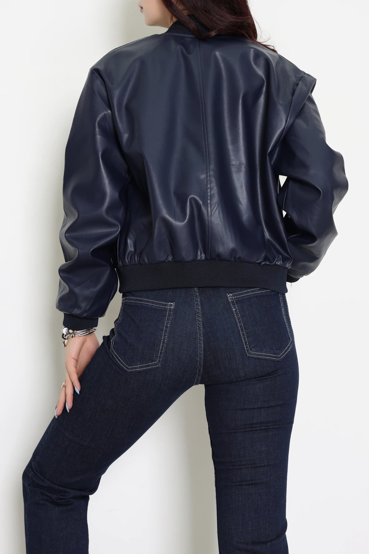 Women's Faux Leather Bomber Jacket – Sleek Navy Blue