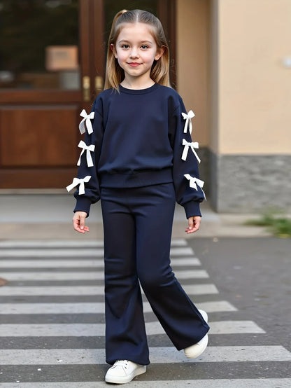 TEMU-Girls' Casual Fashion Round Neck Bow Two-Piece Outfit - alotasawkli