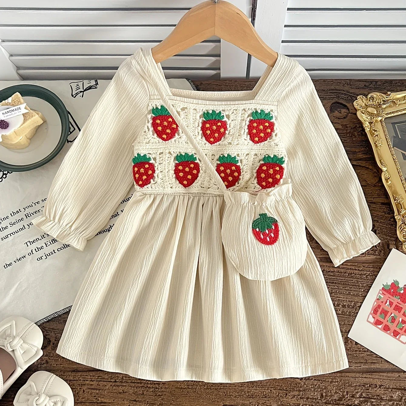 New Arrival Girl's Strawberry Embroidery Dress with Matching Bag - Winter Long Dress with Square Neck, Full Umbrella & Strawberry Outfit for Photoshoots, Parties, Outdoor Play (Hand Washable) | Autumn Winter One-Piece Dress - alotasawkli
