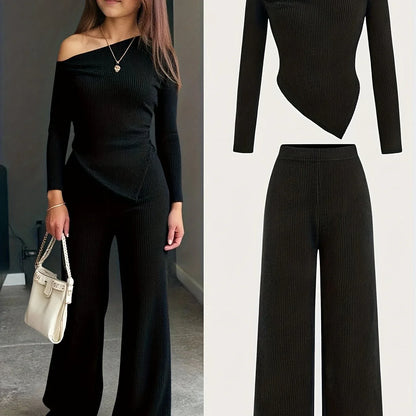 TEMU-2pcs Teen Girl Casual Knit Asymmetrical Neck T-Shirt + Wide-Leg Pants - alotasawkli