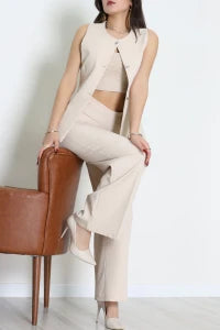 Beige Button-Detailed Double Cloth Two-Piece Set