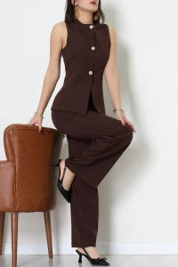 Beige Button-Detailed Double Cloth Two-Piece Set