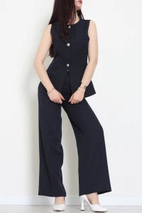 Beige Button-Detailed Double Cloth Two-Piece Set