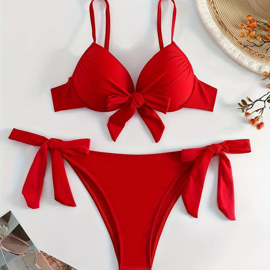 TEMU-Big Red Gathered Hard Pack Strap Bikini Set - alotasawkli