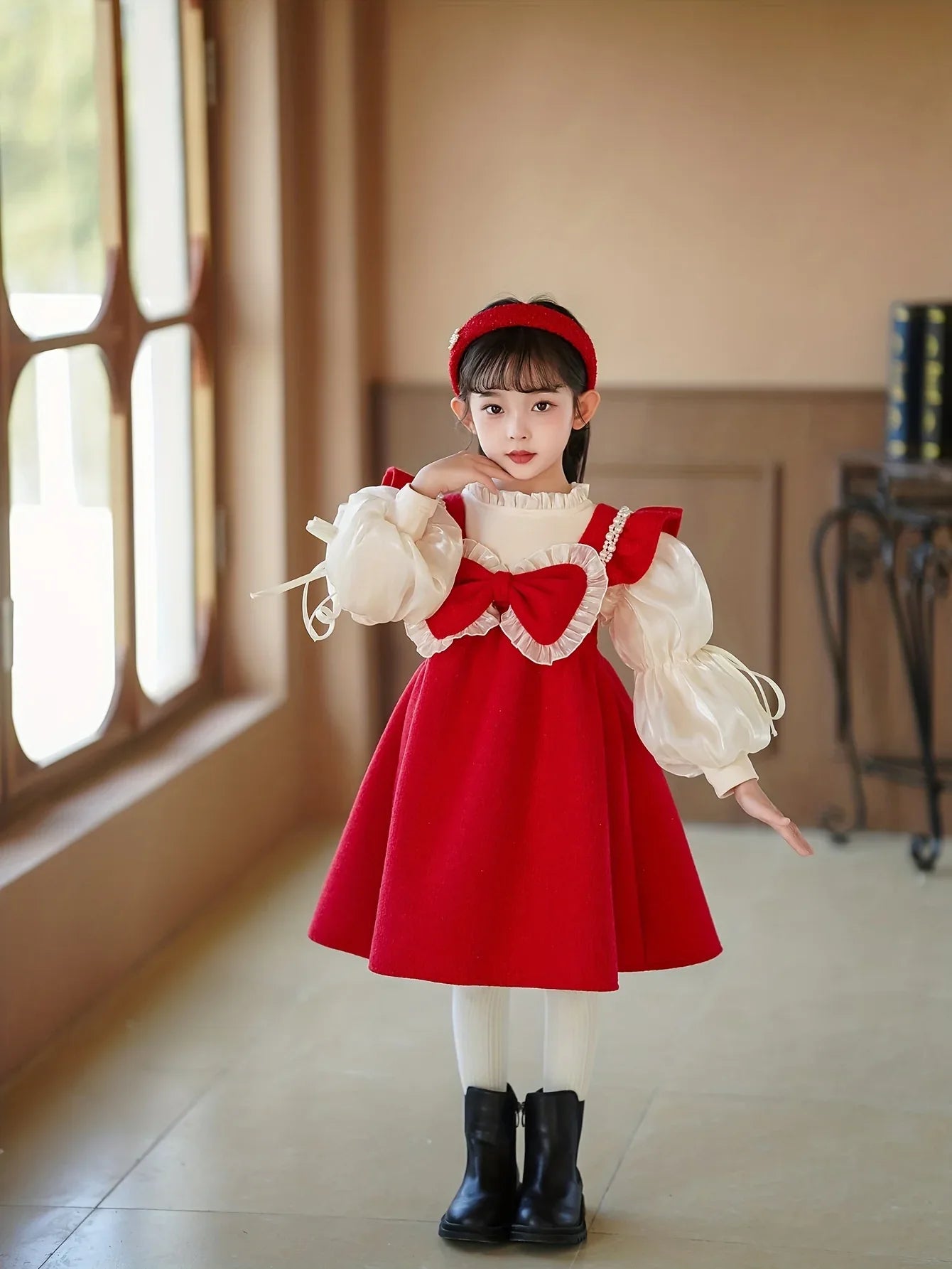 TEMU-Girls' Two-Piece Princess Dress with Bubble Sleeves & Big Bow - Red - alotasawkli