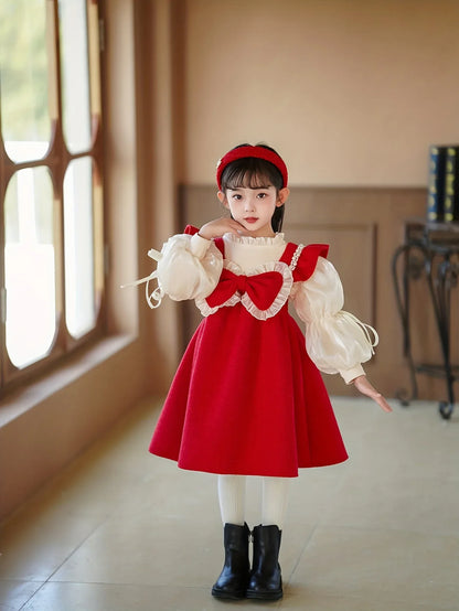 TEMU-Girls' Two-Piece Princess Dress with Bubble Sleeves & Big Bow - Red - alotasawkli