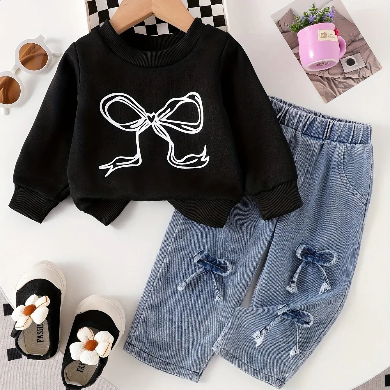 TEMU-2pcs 's Bow Print & 3D Bow Detail Sweatsuit & Pants - alotasawkli