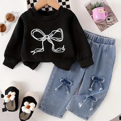 TEMU-2pcs 's Bow Print & 3D Bow Detail Sweatsuit & Pants - alotasawkli