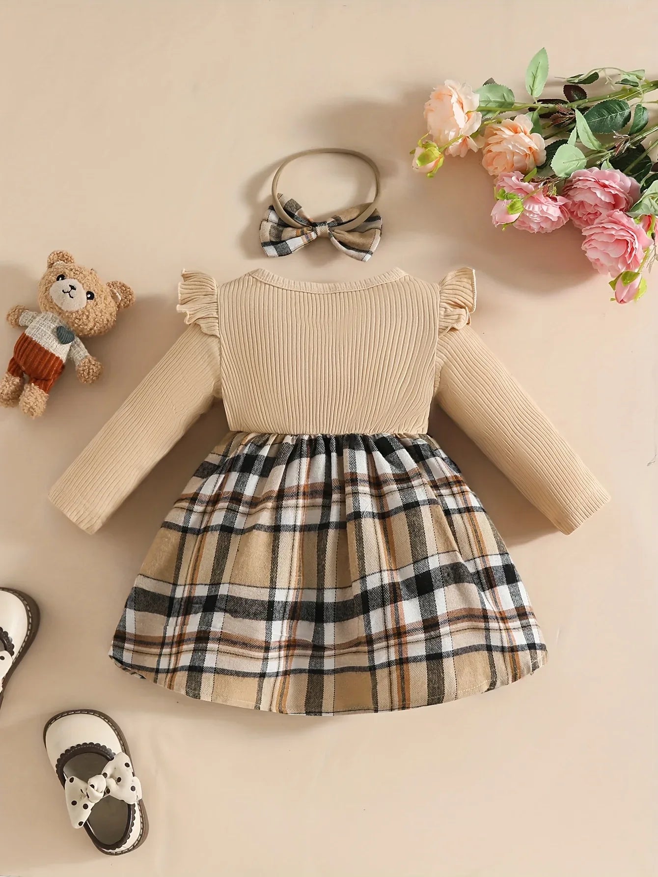 Adorable Bear Cub Long Sleeve Dress with Bow Headband - Pink and White Plaid Pattern, Ruffle Neckline, Midi Length, Perfect for Autumn/Winter, Toddler Dress, Winter Toddler Clothing, Soft Texture Apparel, the Best Gift for Your Baby - alotasawkli