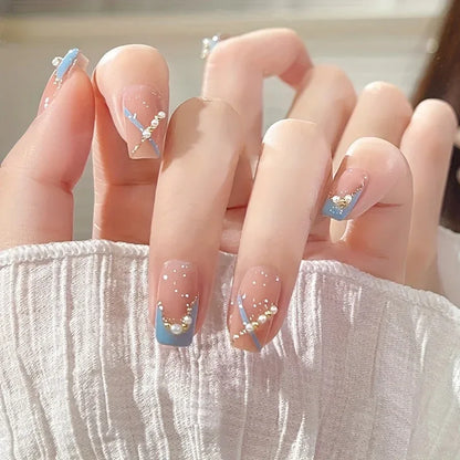 TEMU-24pcs of Glossy Short Square Fake Nails with a Blue Gradient - alotasawkli