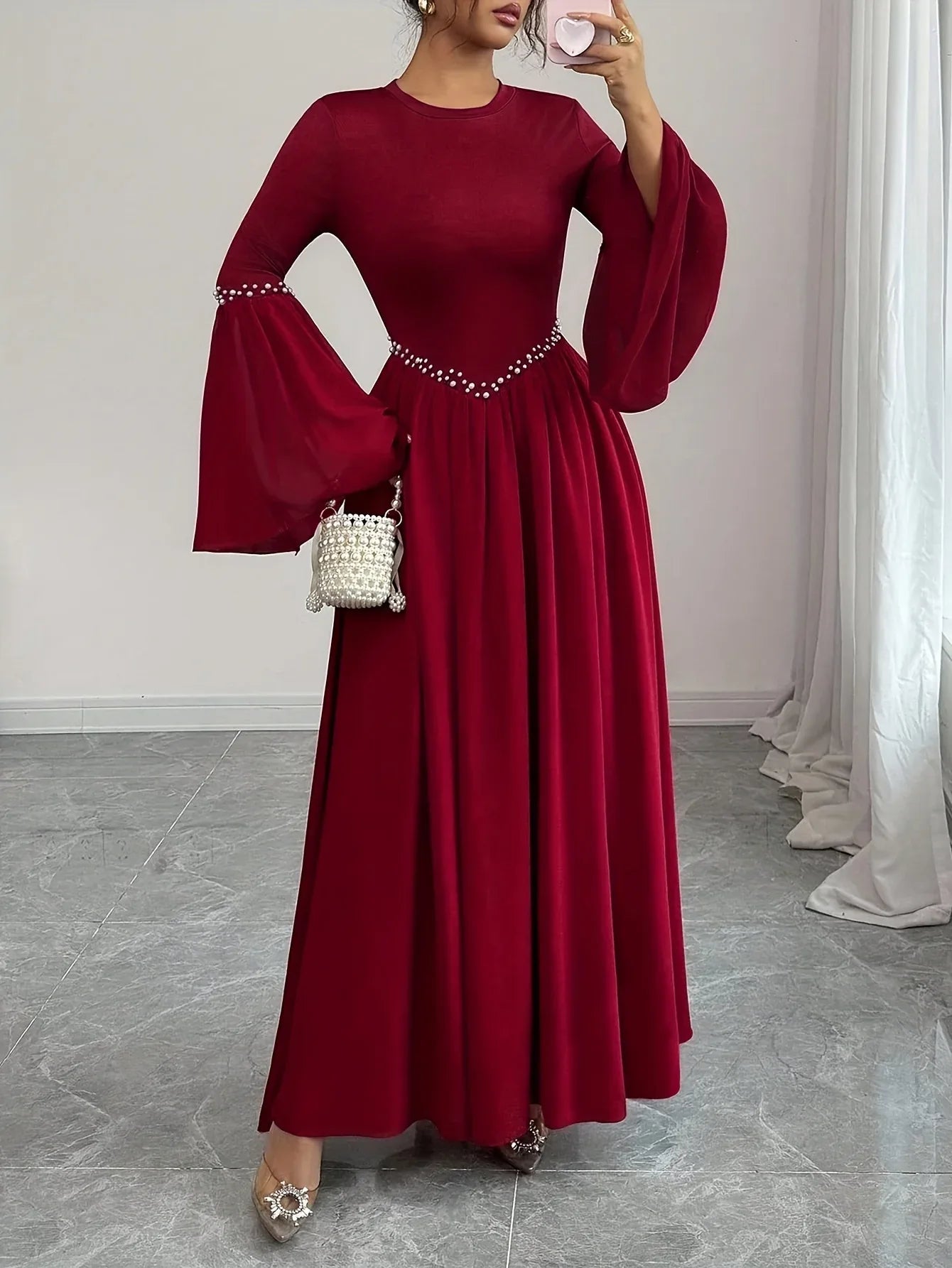 TEMU-Women'S Elegant Long Sleeve A-Line Maxi Dress with Round Neck - alotasawkli