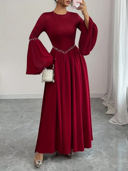 TEMU-Women'S Elegant Long Sleeve A-Line Maxi Dress with Round Neck - alotasawkli