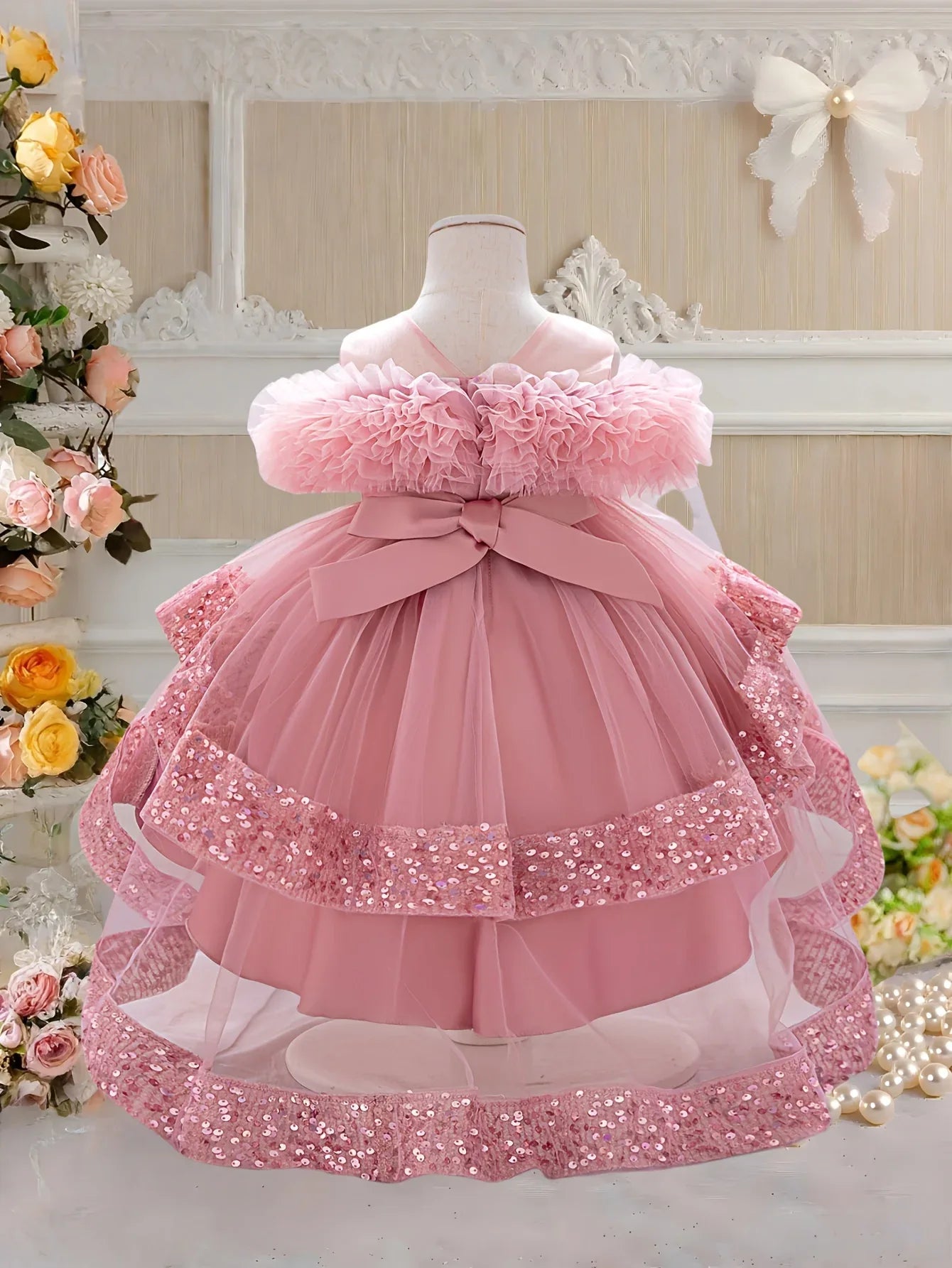TEMU-Measuring Front Skirt, Girl's Pink Sequin Dress - alotasawkli