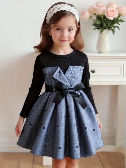 TEMU-Girls' Elegant Long Sleeve A-Line Dress with Bow & Heart PrinT - alotasawkli