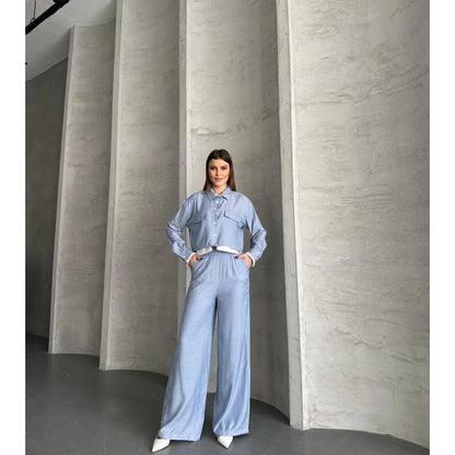 مجموعة قميص كروب واسع الأرجل للنساء من VOLT CLOTHING مع تفاصيل جيب - alotasawkli