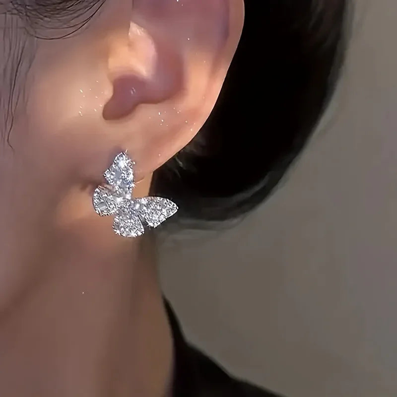 Women's Butterfly Stud Earrings - Sparkling -like, Elegant Everyday - alotasawkli