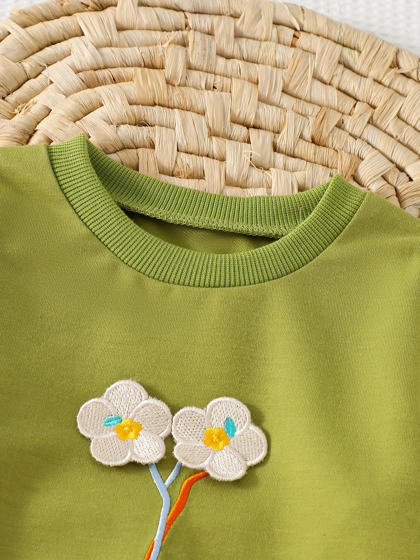 Spring/Autumn Girls' Floral Embroidered Round Neck Sweatshirt + Rabbit Ear Embroidered Pants Outing Set, 2pcs Fashionable Toddler Outdoor Daily Wear, Perfect for Outdoor - alotasawkli