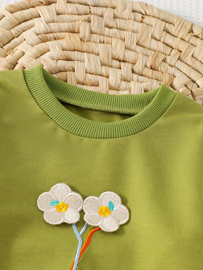 Spring/Autumn Girls' Floral Embroidered Round Neck Sweatshirt + Rabbit Ear Embroidered Pants Outing Set, 2pcs Fashionable Toddler Outdoor Daily Wear, Perfect for Outdoor - alotasawkli
