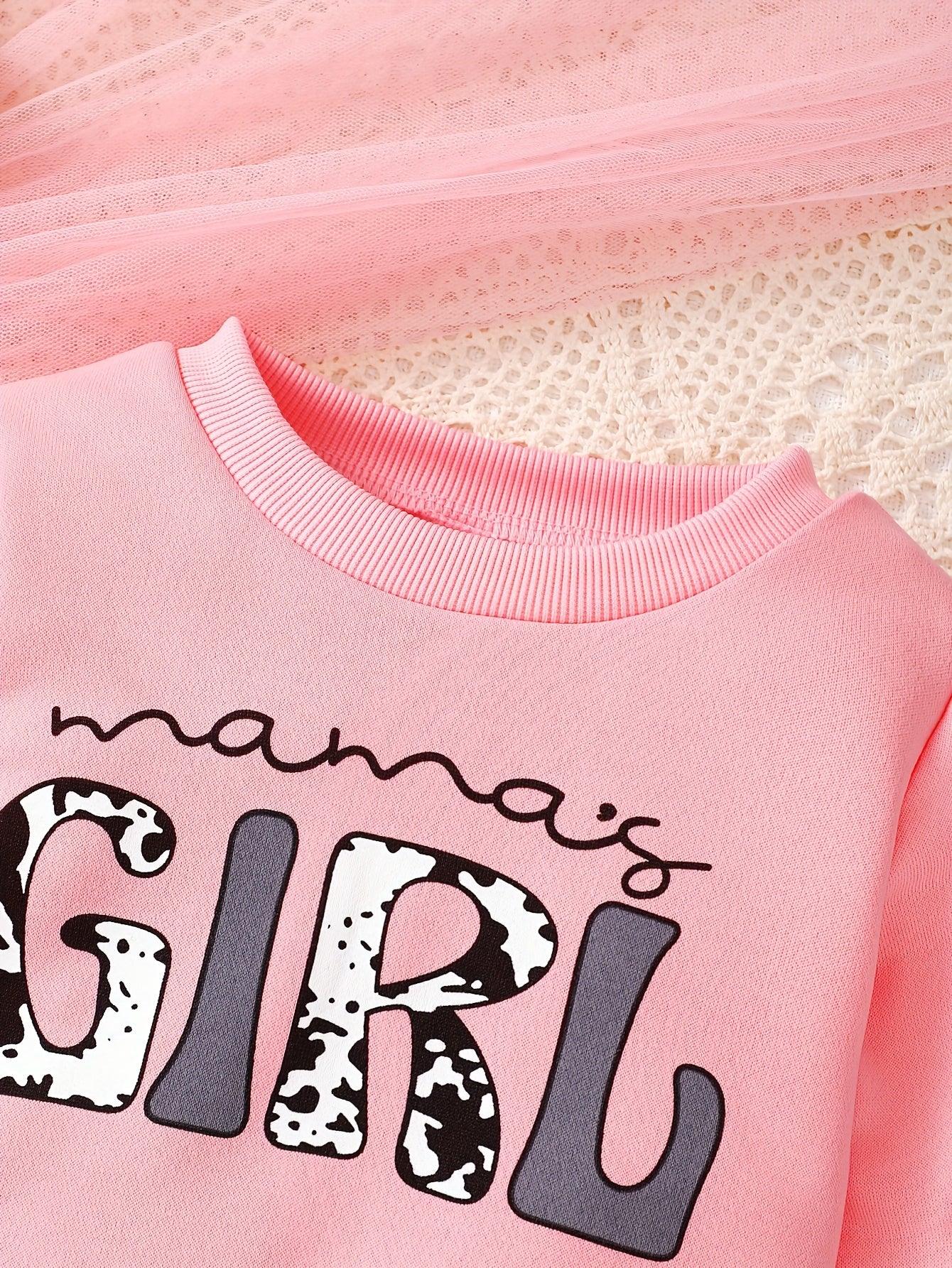 2pcs Baby Girls' Autumn Winter Casual Outfit Set - Letter Print Sweatshirt & Faux Denim Flared Pants, Cozy Warm Clothes for Toddlers, Long Sleeve Crew Neck Pullover with "Mama'S Girl" Design, for Outdoor - alotasawkli