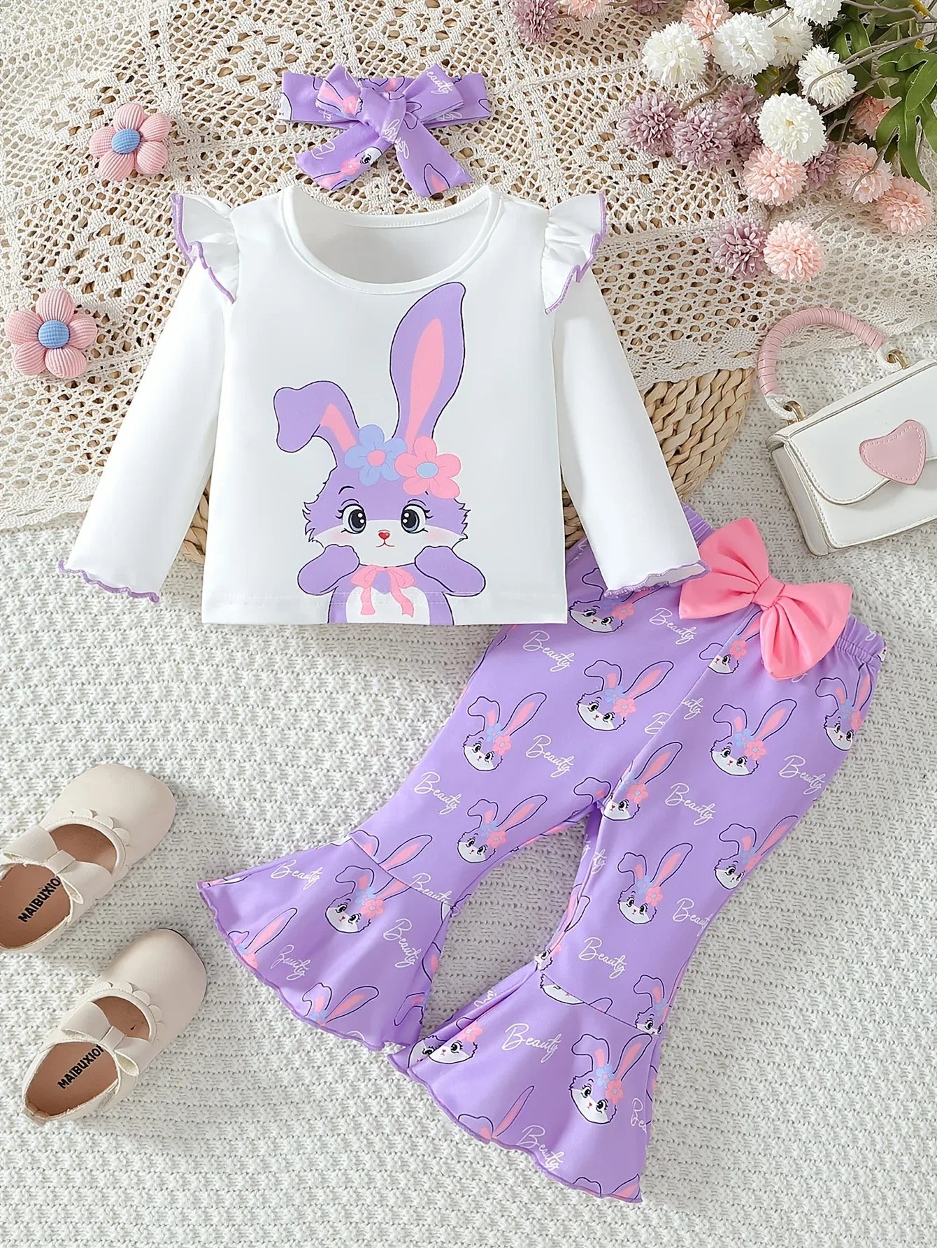 2pcs Cute Little Rabbits Baby Girls' Outfit | Autumn and Winter Small Flying Sleeve T-shirt and Flared Long Pants with Headwear, Suitable for Festival Wear, for Outdoor - alotasawkli
