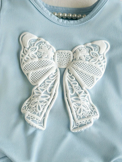 2pcs Summer Girls' Short Sleeve Round Neck Bow Top + Skirt Set with Embossed Butterfly Design, Casual and Cute for Outdoor Wear, Perfect for Outdoor - alotasawkli