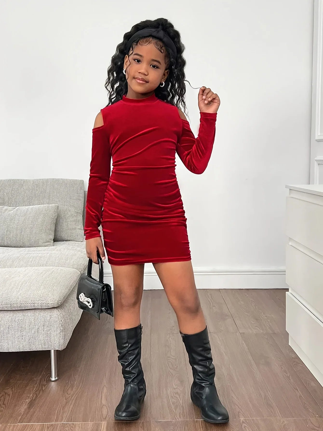TEMU-A Stylish Red Off-Shoulder Dress for Girls - alotasawkli