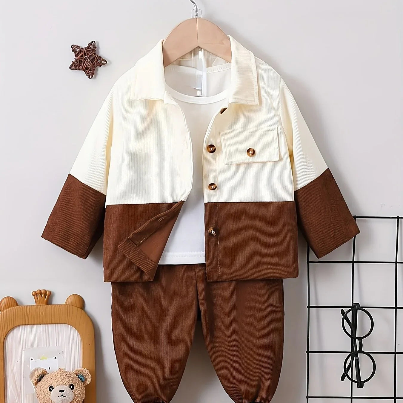 TEMU-Boys' Lapel Patchwork Shirt + Solid Color Shorts Two-Piece - alotasawkli