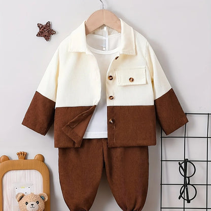 TEMU-Boys' Lapel Patchwork Shirt + Solid Color Shorts Two-Piece - alotasawkli