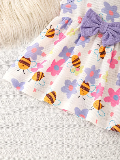 2pcs Autumn Winter Girl Purple Ruffle Jacket Button Decoration Bow Flower Little Bee Print Vest Dress, Suitable for Outdoor Play and Events, Casual Elegant, Fashionable Clothing, Perfect for Outdoor - alotasawkli