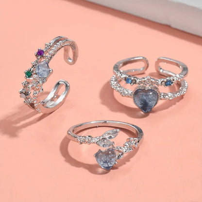 3pcs Sea Blue Heart Moonlight Open Ring Set for Women - alotasawkli