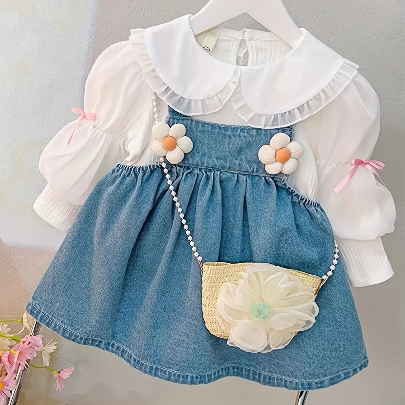 TEMU-Girls' Set: Floral Suspender Denim Skirt + Long-Sleeve - alotasawkli