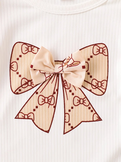 Spring and Autumn Style Infant Baby Girl Round Neck Bow Print Flutter Sleeve Romper with Full-Bow Skirt Casual Two-Piece Set Development, Perfect for Outdoor - alotasawkli