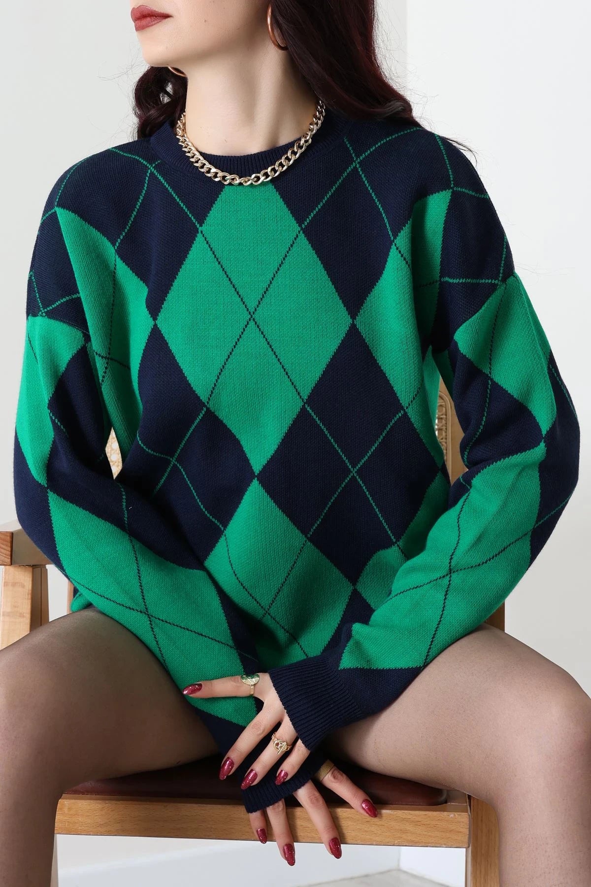 Ethnic Pattern Navy & Green Knit Sweater