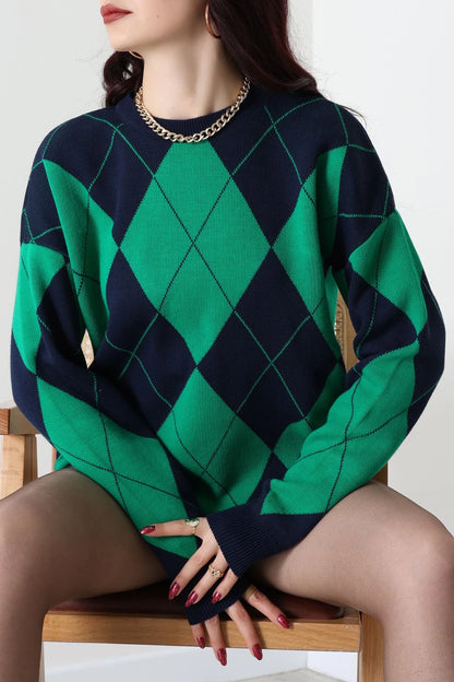 Ethnic Pattern Navy & Green Knit Sweater