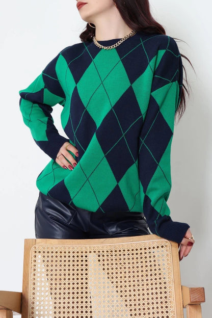 Ethnic Pattern Navy & Green Knit Sweater