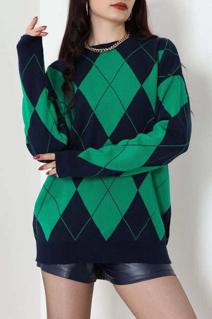 Ethnic Pattern Navy & Green Knit Sweater