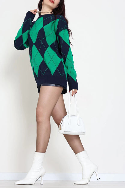 Ethnic Pattern Navy & Green Knit Sweater