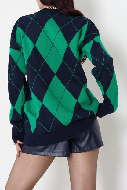 Ethnic Pattern Navy & Green Knit Sweater