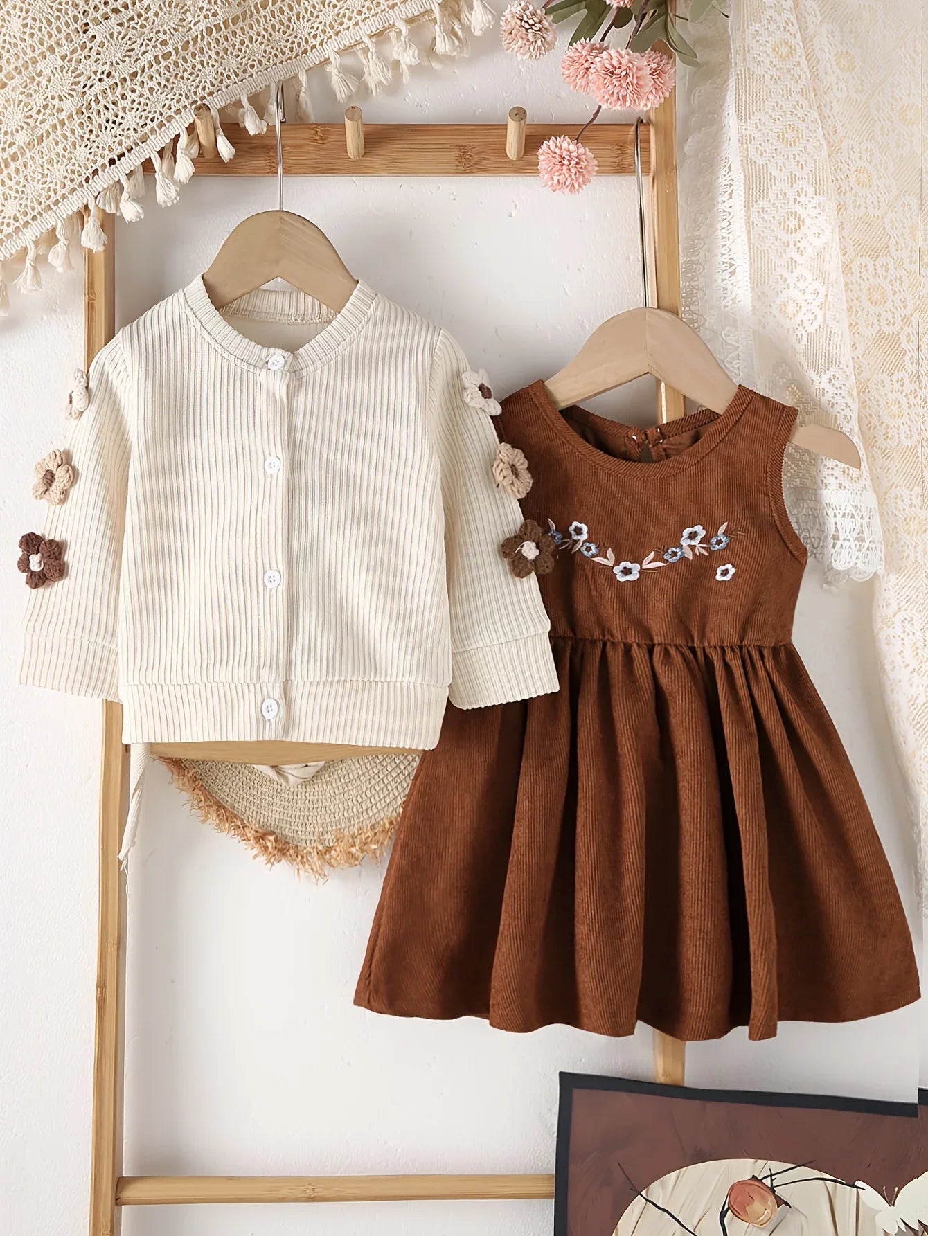 2pcs Autumn/Winter Ethnic Embroidered Dress Set + Floral Long Sleeve Blouse | Casual & Cute, Perfect for Outdoor Wear, Umbrella Skirt Silhouette - alotasawkli