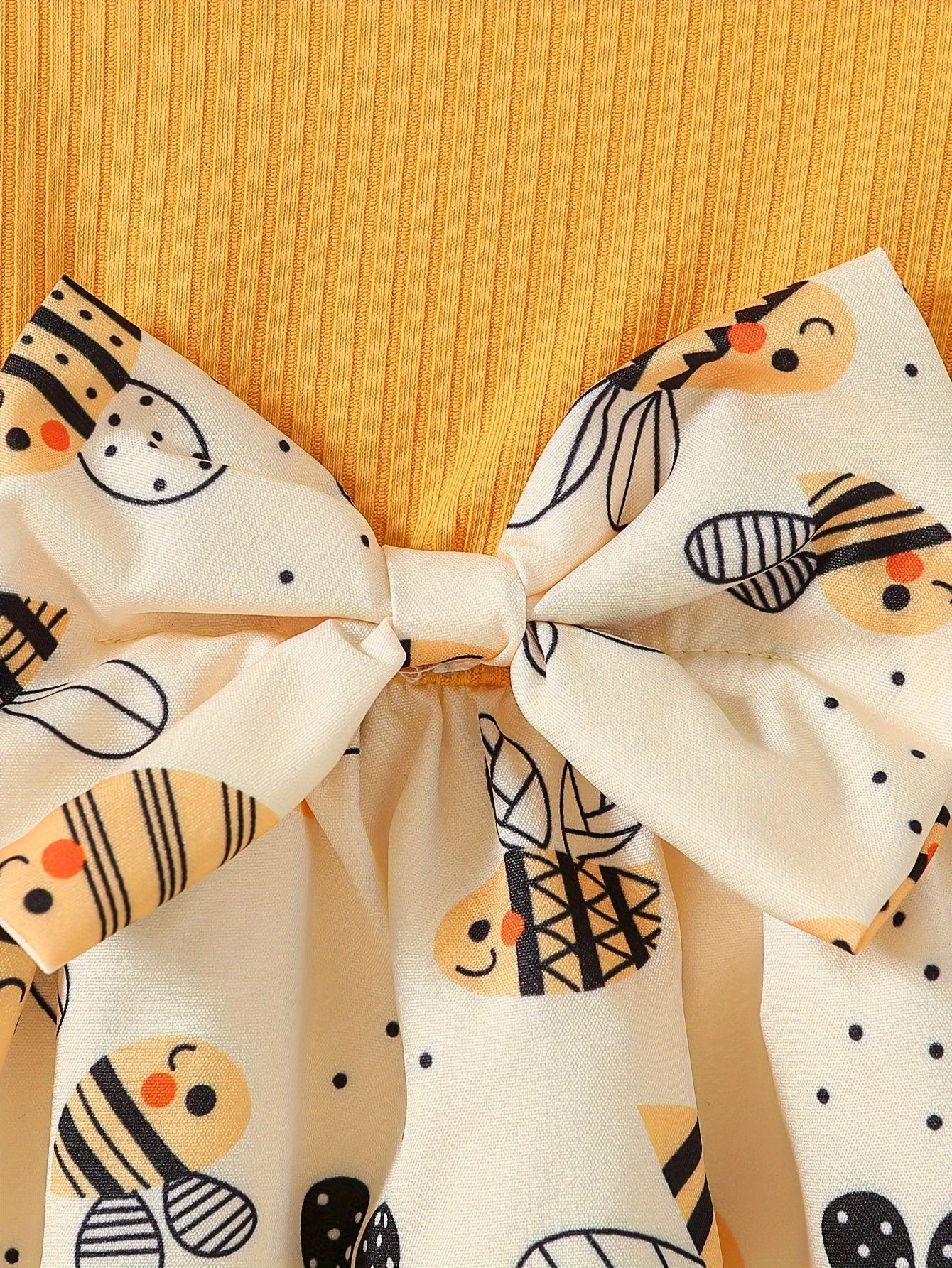 Children's Autumn Print Round Neck Cute Bee Bow Knee-Length Fashion Comfortable Dress - alotasawkli