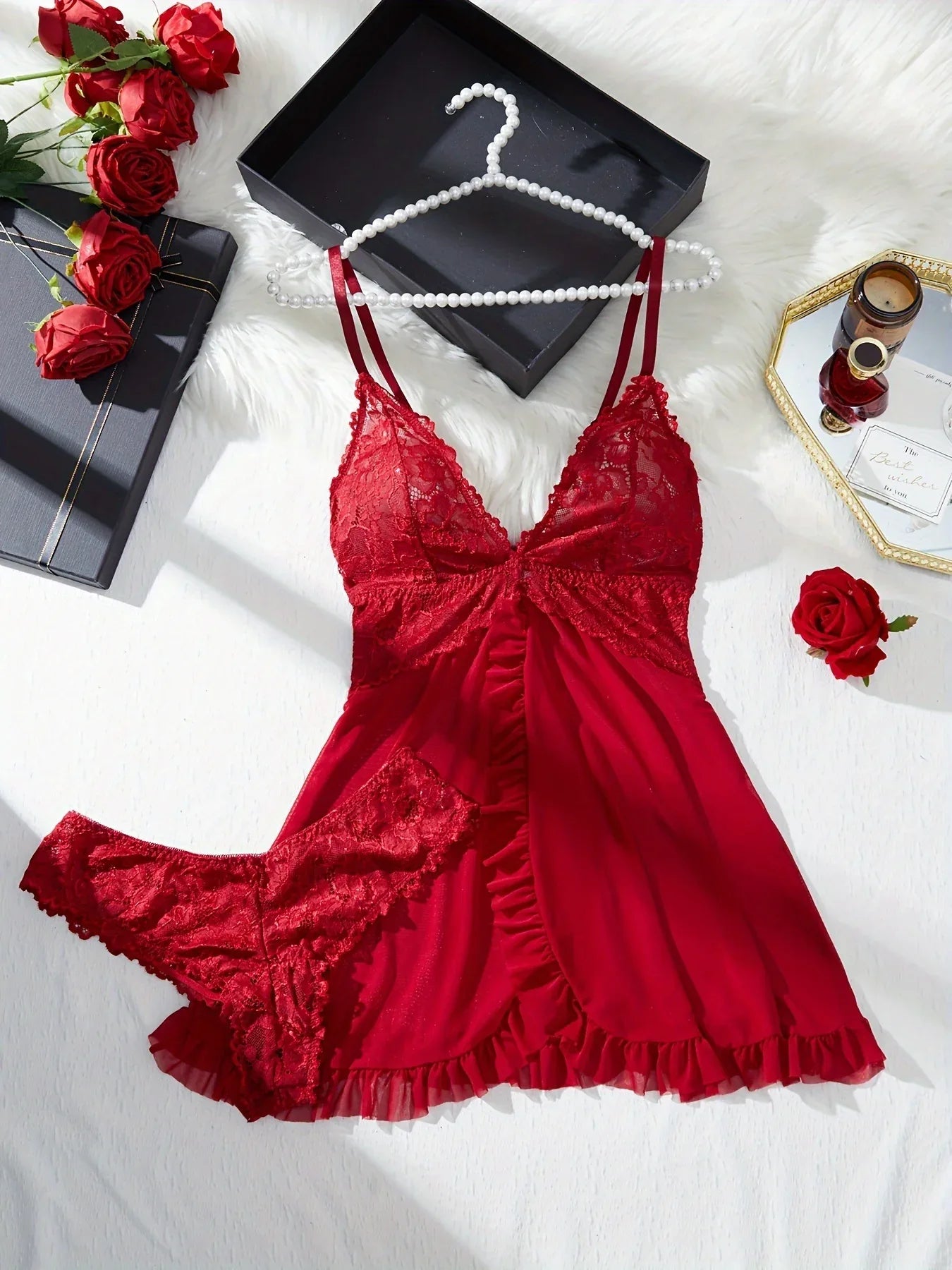 TEMU-Sexy Women'S Sleepwear Set | Solid Color with Contrast Lace Details, Lingerie Collection - alotasawkli