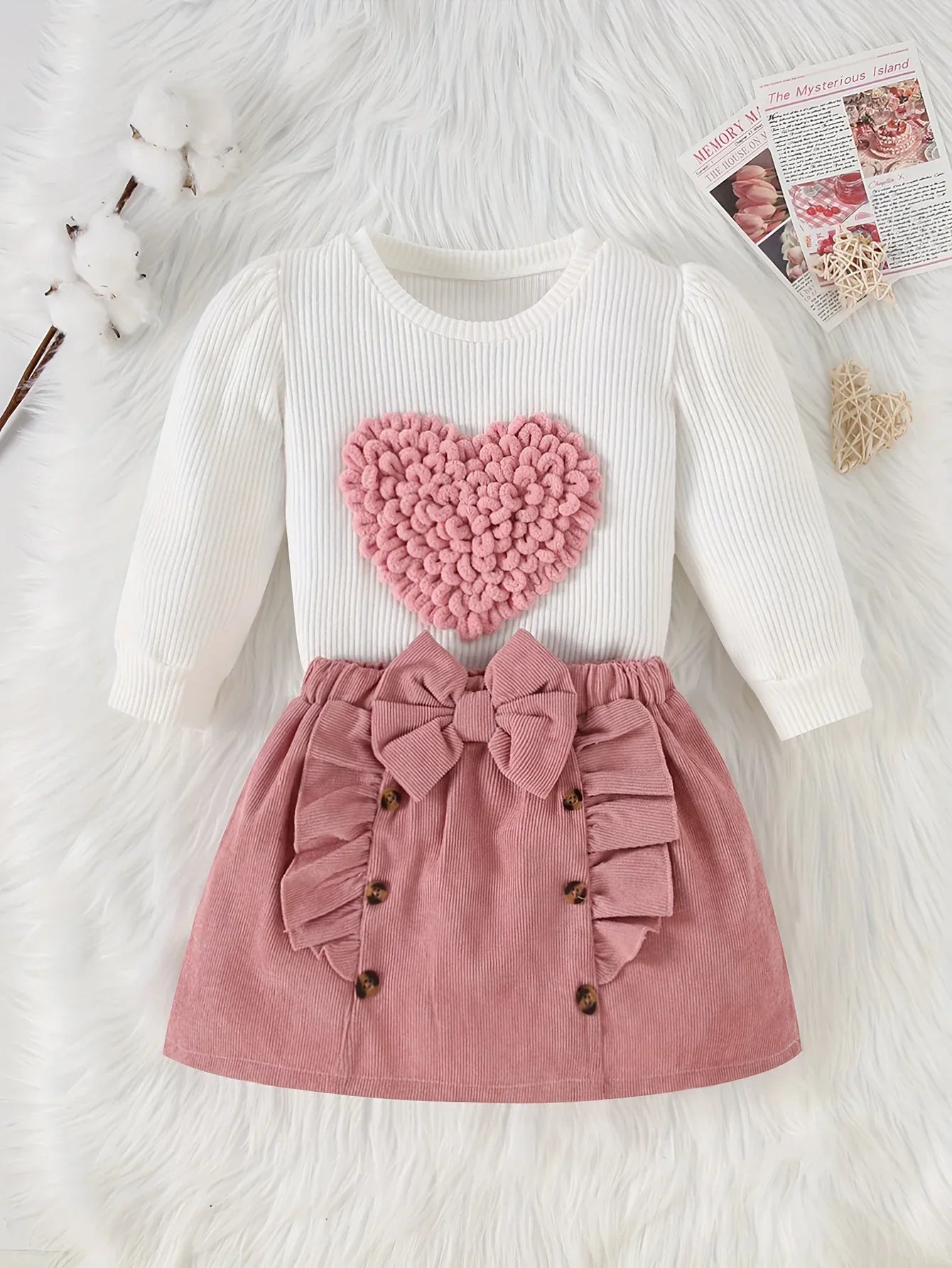 2pcs Set of Autumn and Winter New Love Pit Stripe Long Sleeved Top+corduroy Bow Skirt Set, Fashionable and Simple, Suitable for Birthday Gifts, Daily Wear, Comfortable and Warm, Perfect for Outdoor - alotasawkli