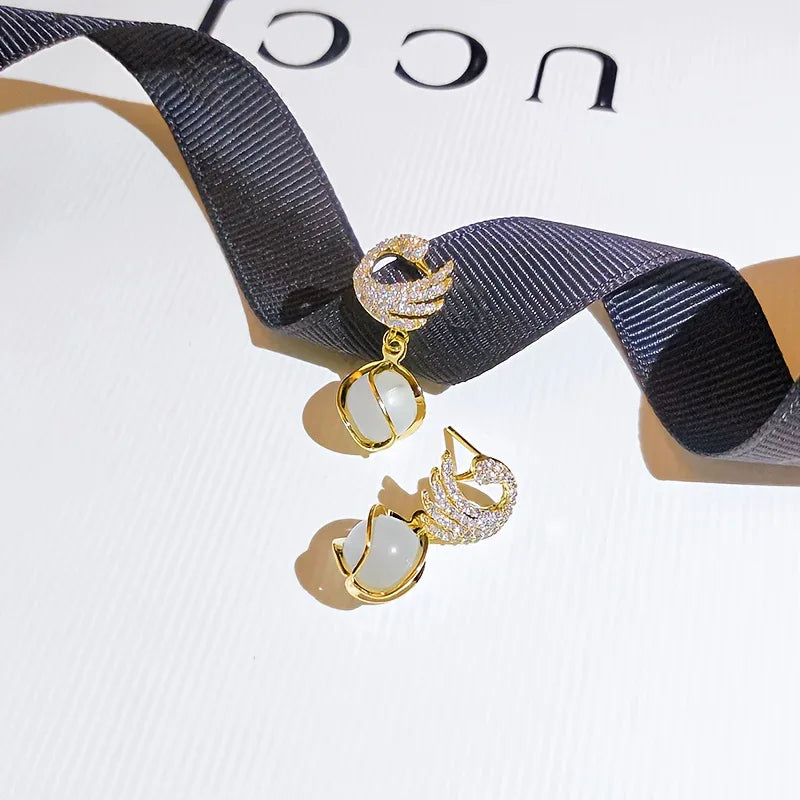 New Fashionable Swan Earrings, Trendy Cat'S Eye Studs from Korea - alotasawkli