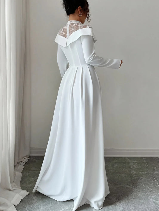 Elegant White A-Line Maxi Dress with Mesh Panel - alotasawkli